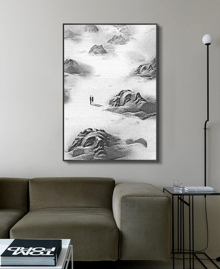 Mise en situation salon moderne, tableau Ozymandias encadré sur mur gris clair
