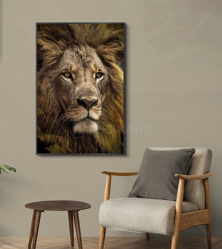 Tableau lion Massinart — mise en situation salon moderne décoration murale