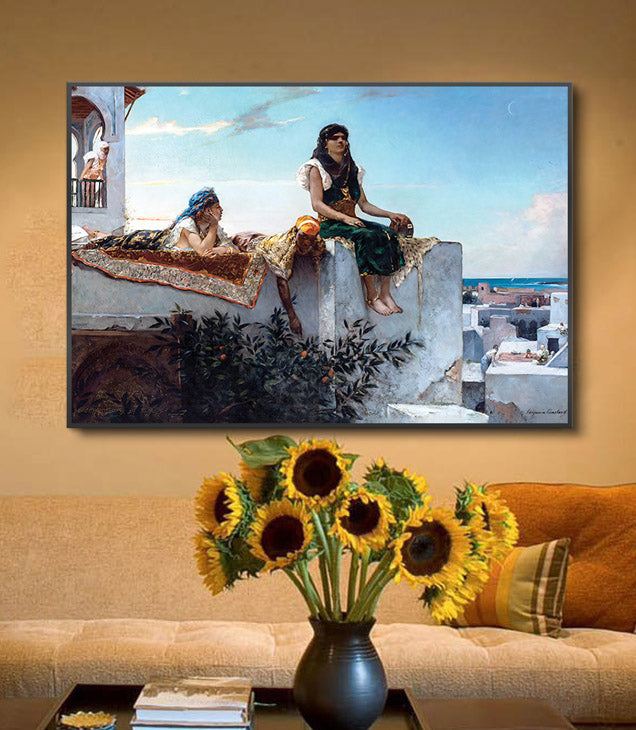 Mise en situation salon moderne : Tableau Terrasses au Maroc au-dessus canapé beige - Massinart