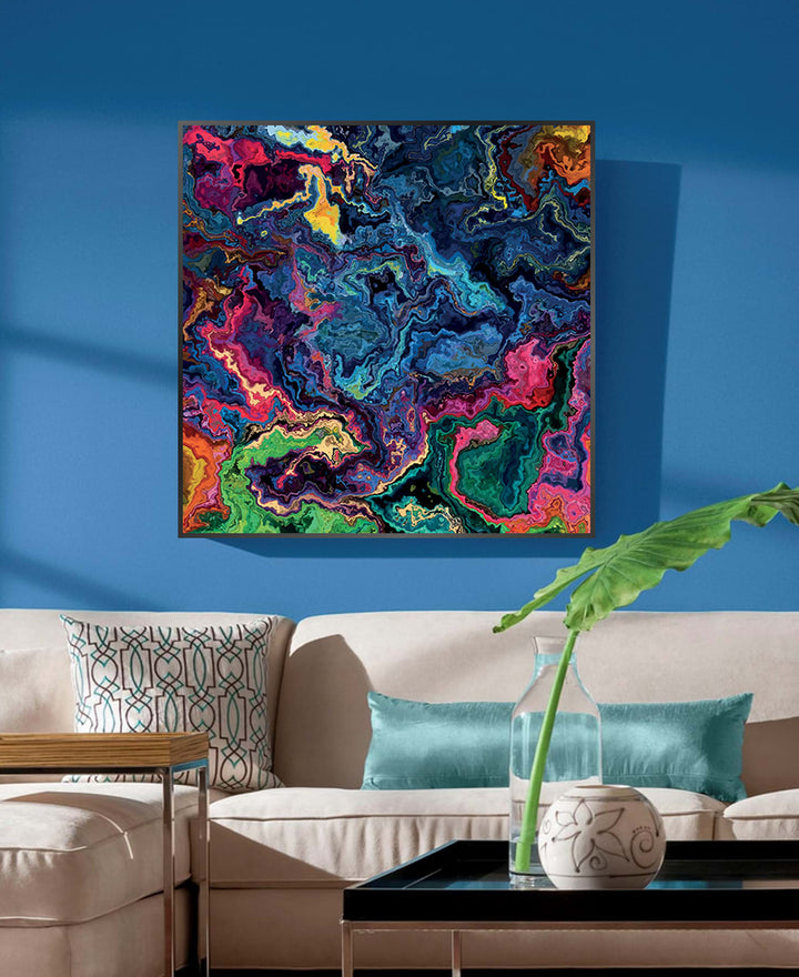 Mise en situation salon moderne avec tableau abstrait expressionniste horizontal — Massinart