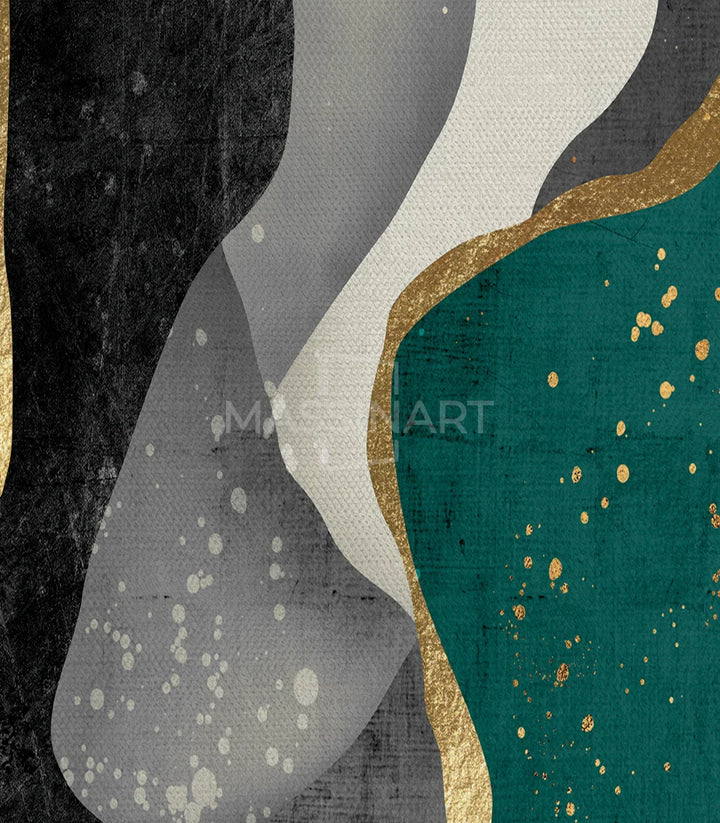 Détail formes abstrait turquoise doré noir triptyque Massinart