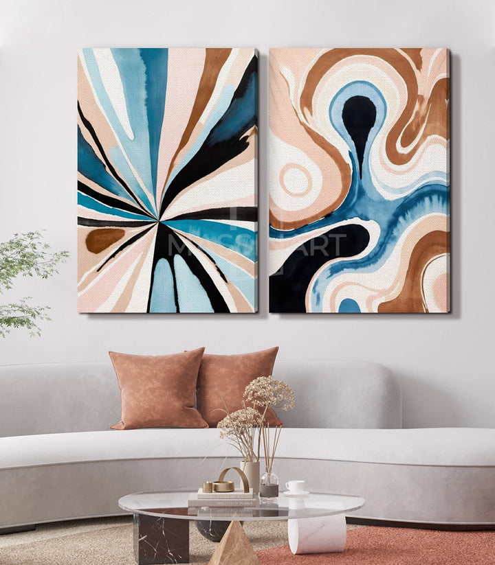 Détail tableau abstrait Fluid Motion couleurs turquoise marron blanc Massinart