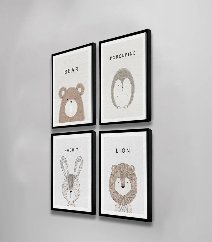 Mise en situation chambre bébé - Set de 4 cadres animaux mignons Massinart
