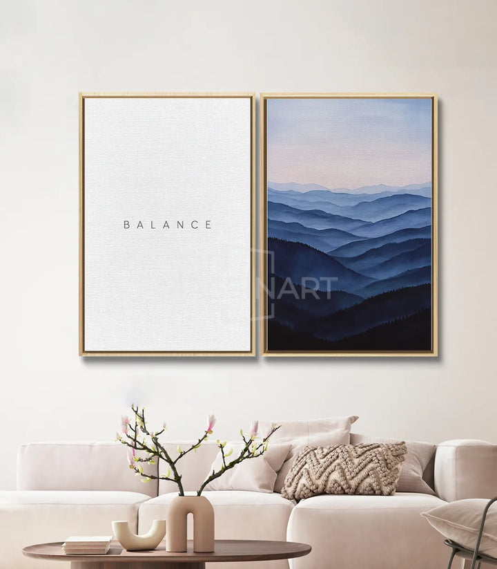 Tableau montagnes brouillard bleu Massinart — paysage atmosphérique cadre noir