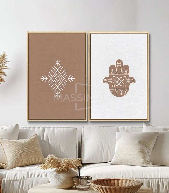 Tableau Amazigh Spirit mise en situation séjour — diptyque cadre noir design marocain, Massinart