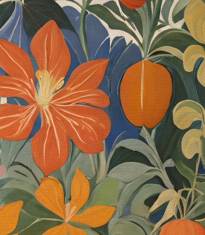 Tableau Bloomtide couleurs bleu orange doré feuillage vert salon — Massinart