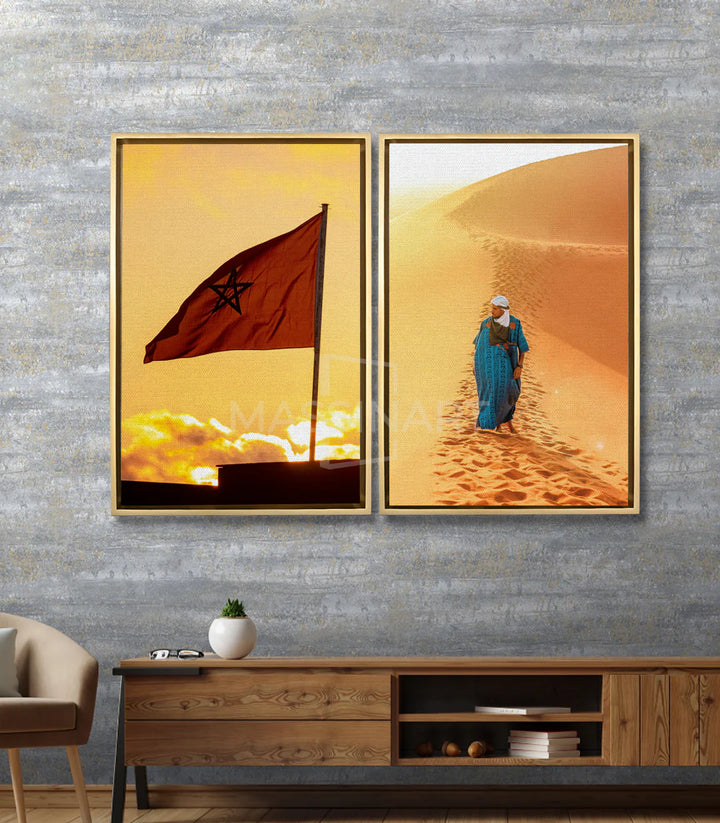Tableau drapeau marocain sunset doré — mise en situation salon moderne Massinart