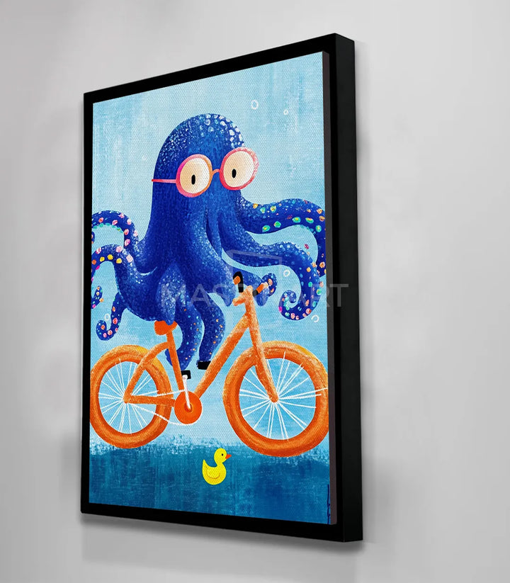 Tableau Octo Ride en détail — pieuvre amusante et vélo orange vif Massinart