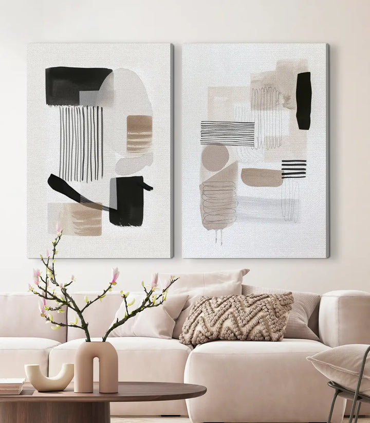 Tableau abstrait minimaliste Calm Edges dans séjour contemporain Massinart