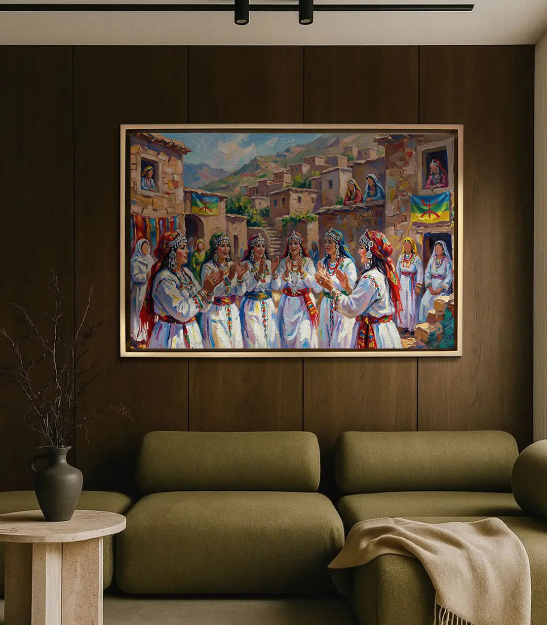 Mise en situation Tableau Amazigh Folklore décoration salon moderne mur bois, Massinart