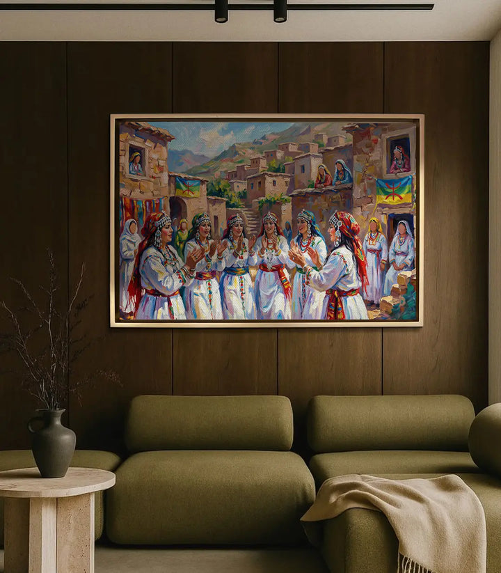 Mise en situation Tableau Amazigh Folklore décoration salon moderne mur bois, Massinart