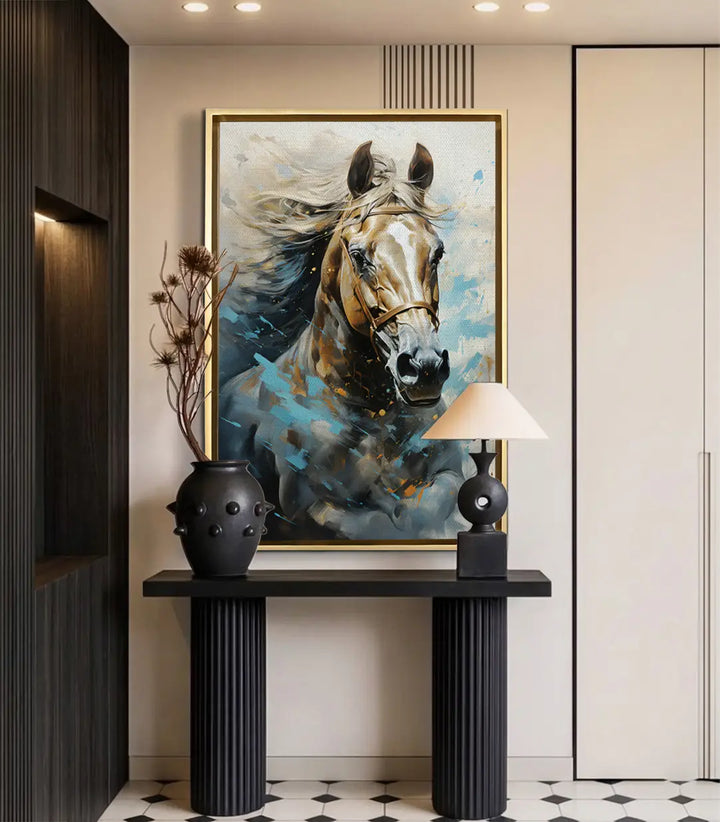 Mise en situation salon moderne - Tableau Cheval Sovereign dans couloir élégant - Massinart