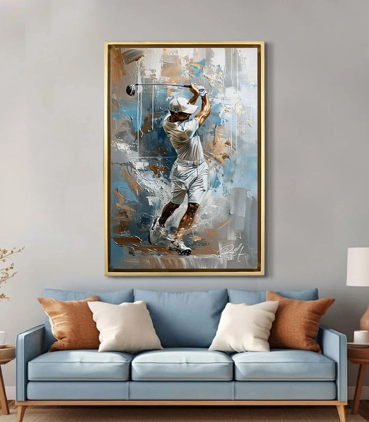 Tableau golfeur The Perfect Hit mise en situation salon moderne Massinart