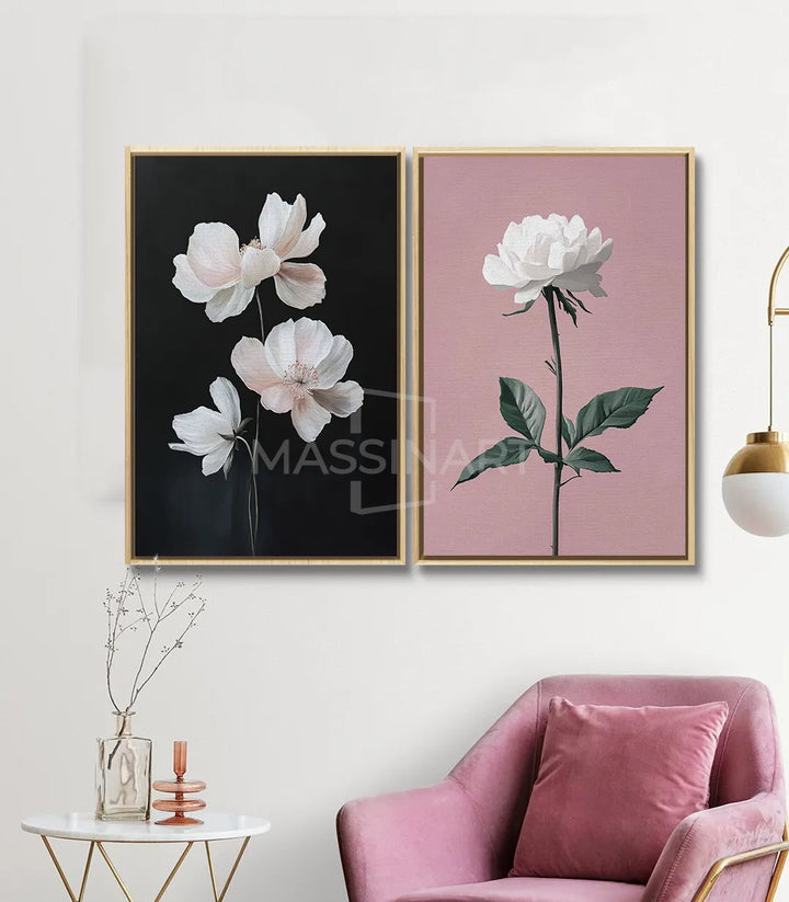 Tableau Soft Petals diptyque mise en situation salon moderne Massinart