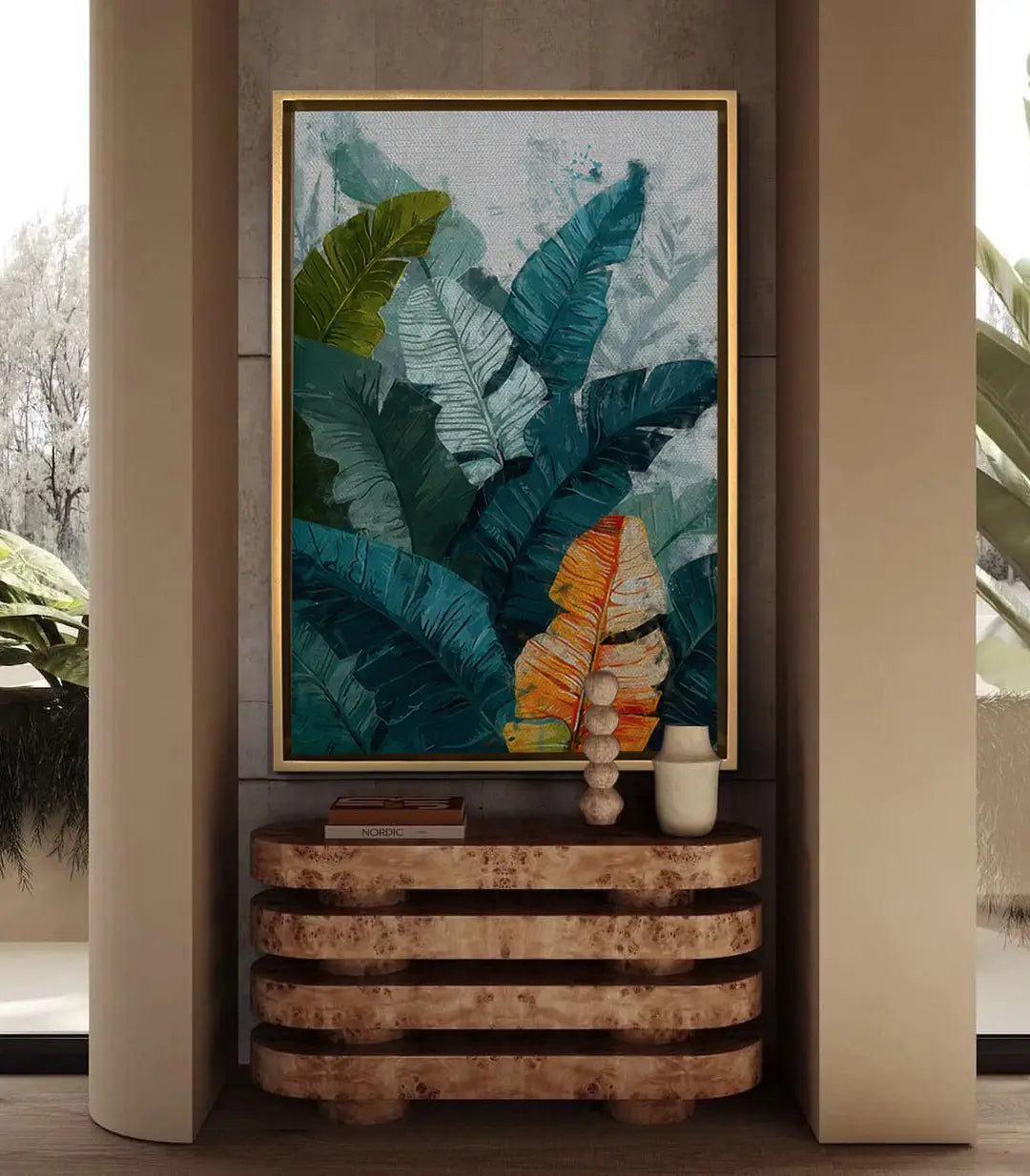Mise en situation salon moderne tableau feuilles botaniques Massinart
