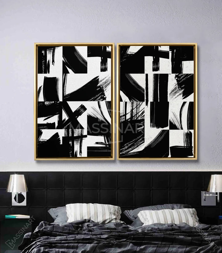Mise en situation chambre moderne tableau diptyque Inked Massinart décoration murale