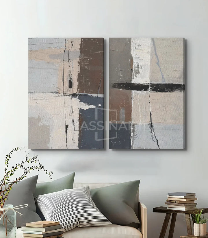 Tableau géométrique abstrait détail textures taupe gris, Massinart
