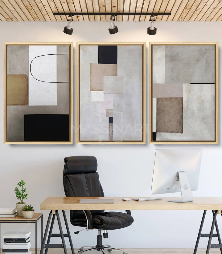 Tableau Quiétude triptyque abstrait minimaliste — formes géométriques et lignes épurées Massinart