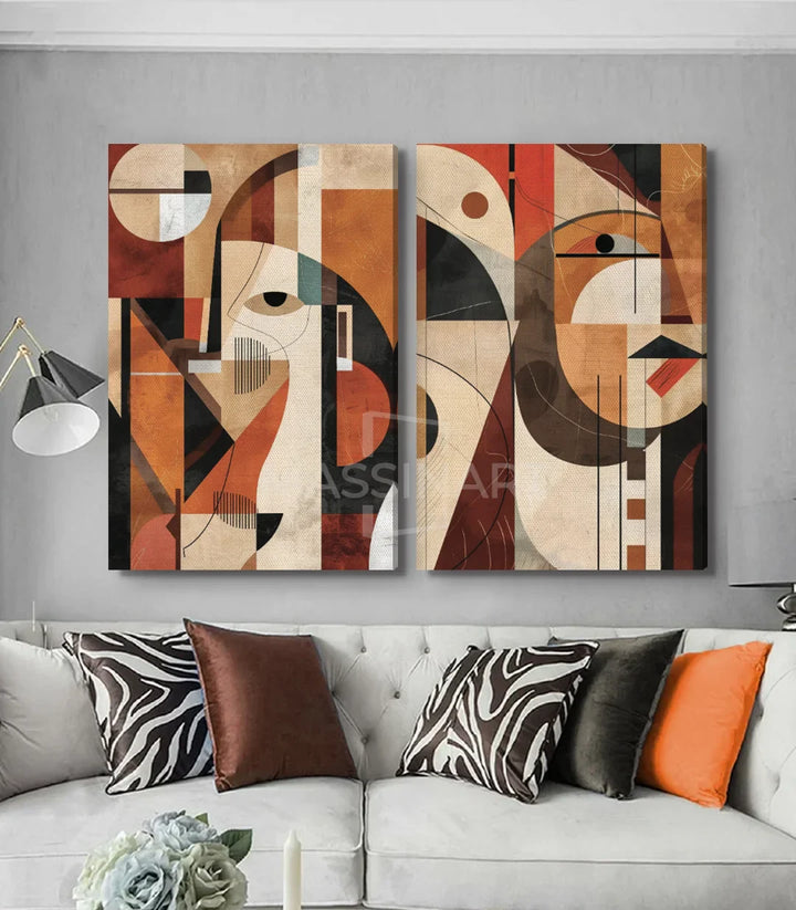 Tableau Mirror diptyque abstrait, composition faces cubistes détail gauche Massinart