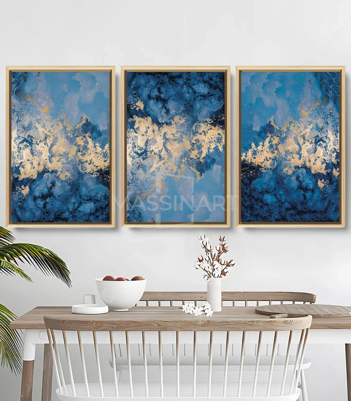 Tableau paysage forestier abstrait triptyque, détail texture encre fluide — Massinart