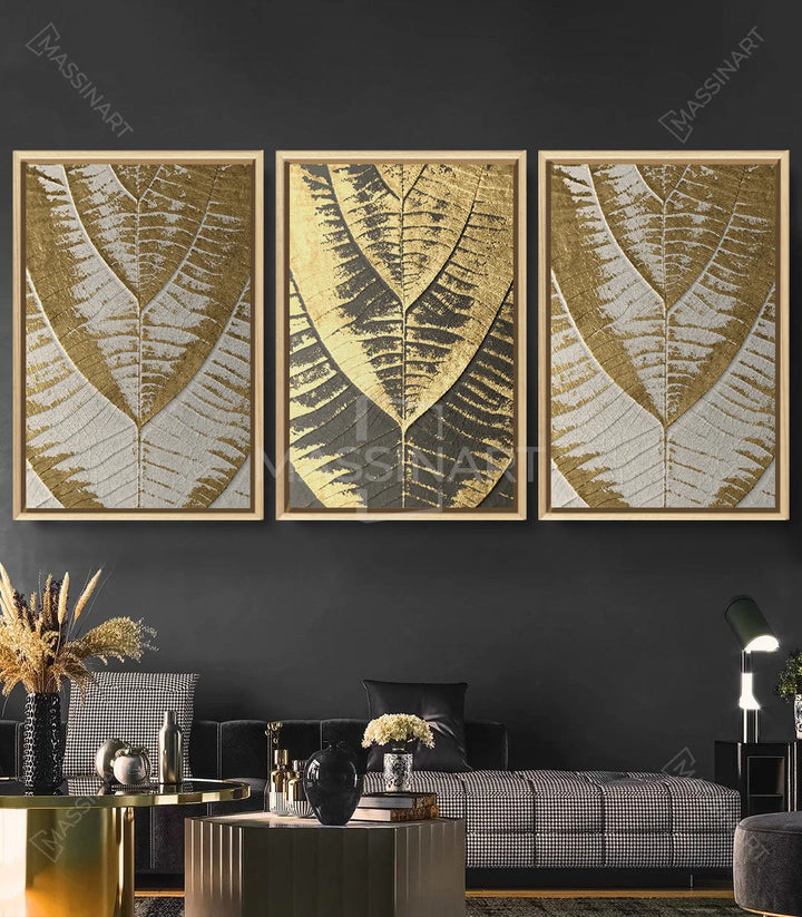 Tableau Golden Leaves triptyque — art mural nature luxe décoratif Massinart