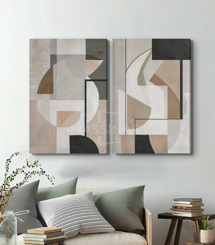 Tableau Geometric Nuances détail — formes abstraites épurées beige taupe Massinart
