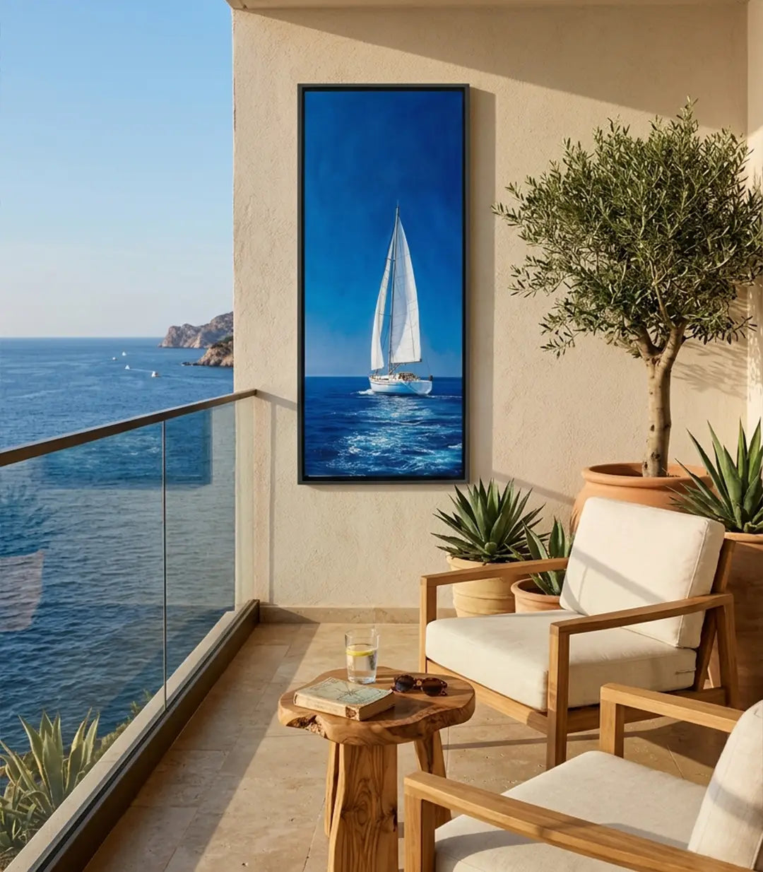 Tableau Voyage — voilier blanc sur mer bleue intense, style minimaliste Massinart