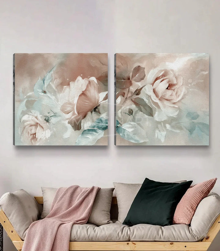 Tableau Bloom diptyque en situation salon moderne — détail décoration mur, encadrement noir Massinart