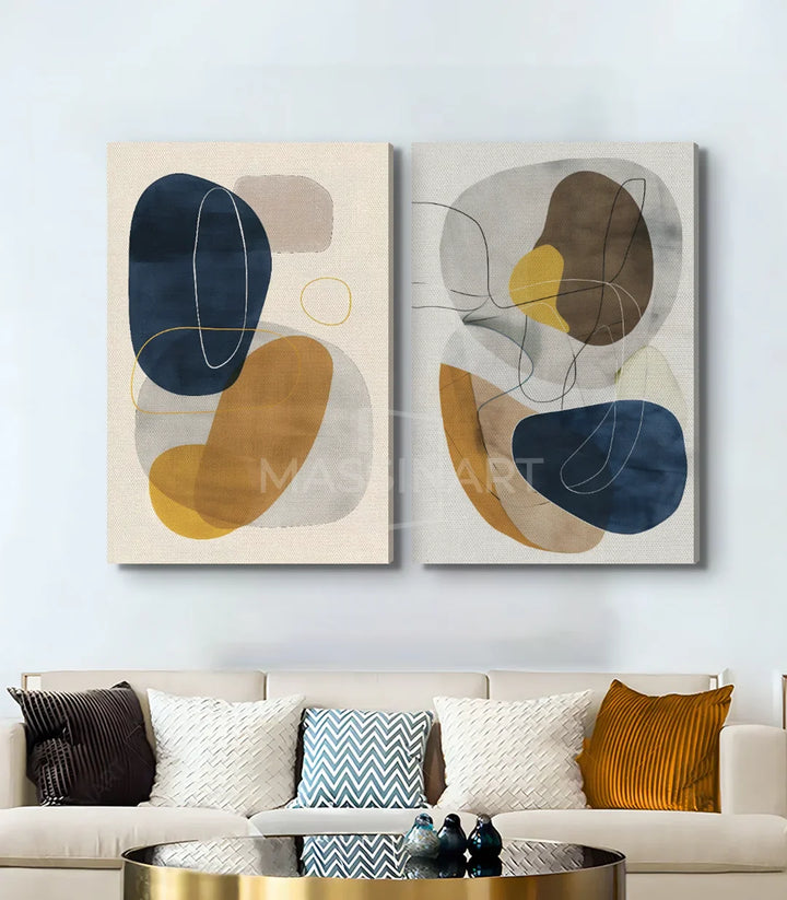 Tableau Sway diptyque abstrait minimaliste — mise en situation salon moderne avec canapé beige Massinart