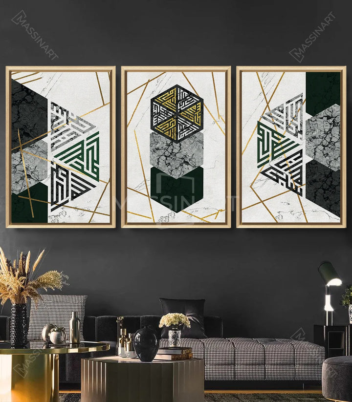 Tableau minimaliste hexagone doré Massinart — décoration intérieur noir et blanc