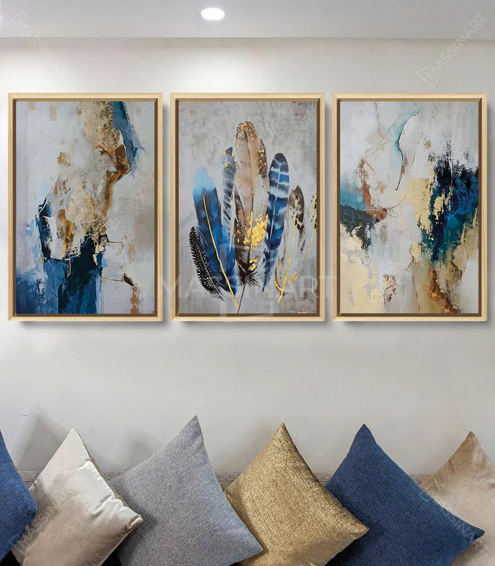 Tableau plumes droites, textures abstraites bleu jaune Massinart