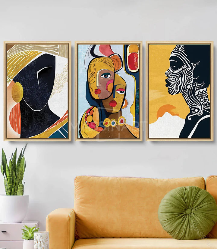 Tableau African Soul droite - visage abstrait noir et blanc sur fond jaune avec motifs ethniques Massinart