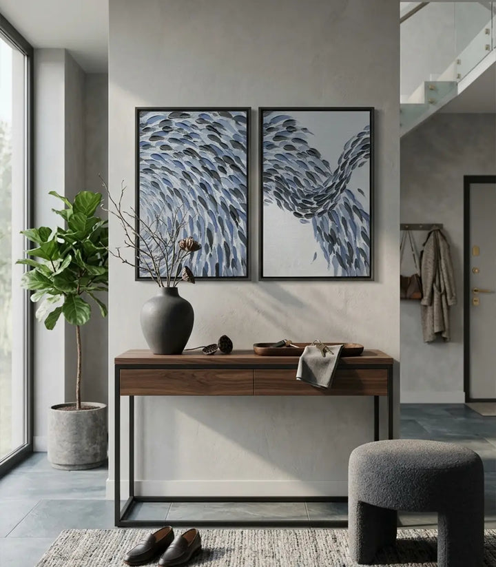 Simulation chambre hôtel — Fish Wave diptyque décoration murale minimaliste Massinart
