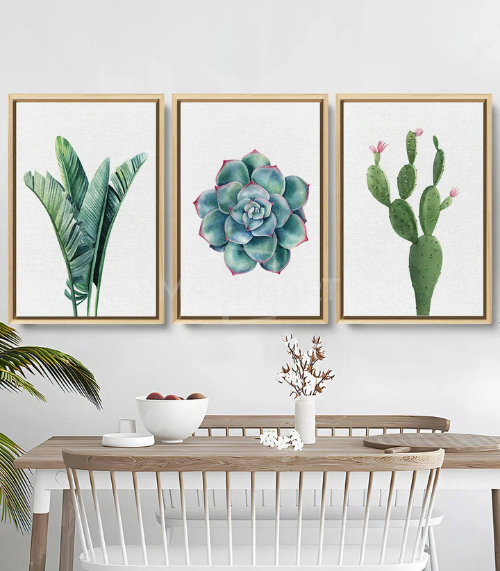 Tableau Cactus triptyque aquarelle - Cactus vert fleurs roses Massinart