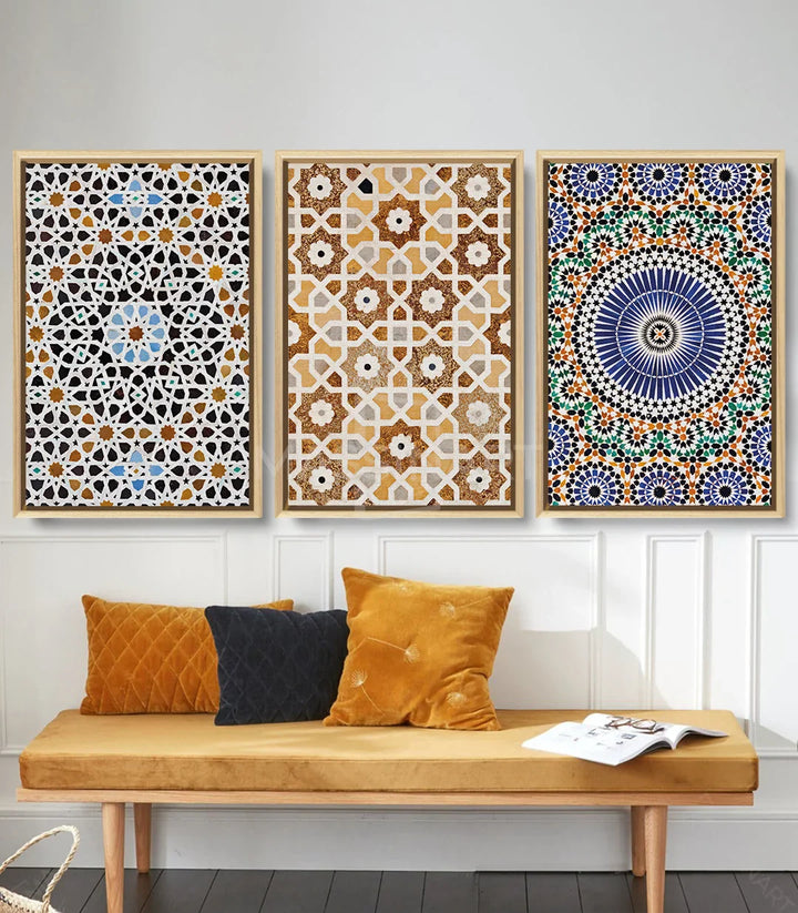 Tableau Zellej marocaine rosace bleu indigo vert orange Massinart