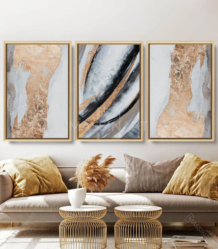 Tableau Aurous abstrait triptyque panneau droit doré minimaliste Massinart