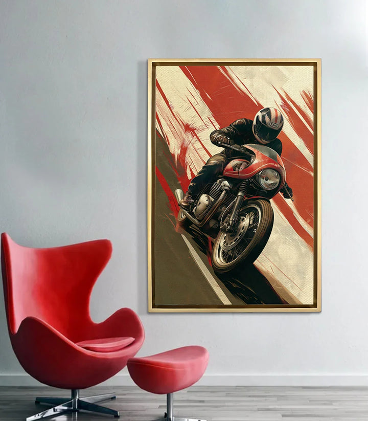 Mise en situation salon moderne — Tableau Moto Master au mur avec fauteuil rouge design Massinart