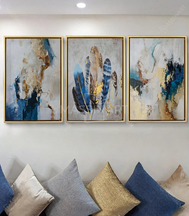 Tableau plumes centrales, composition minimaliste bleu doré Massinart
