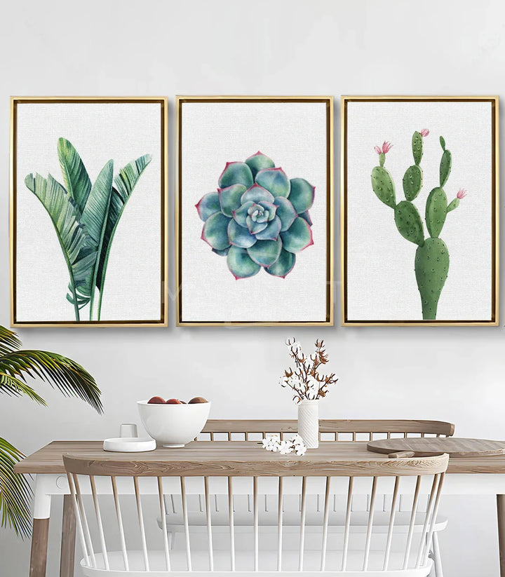 Tableau Cactus triptyque aquarelle - Succulente bleue rose Massinart