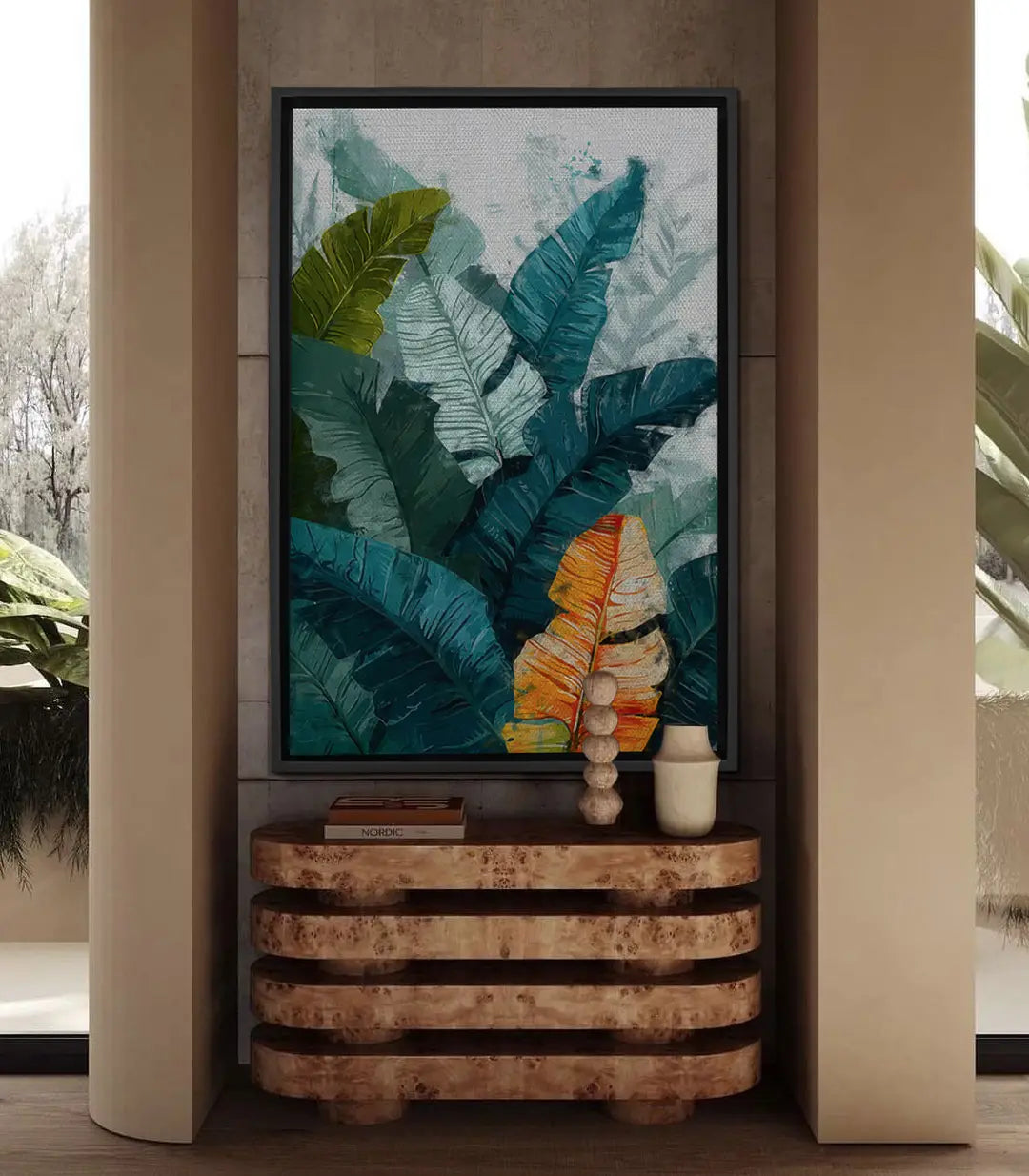 Tableau Silver Leaf feuilles tropicales bleu vert or Massinart