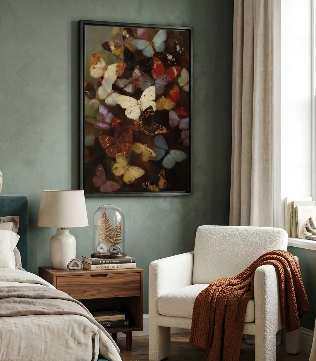 Tableau papillons Massinart — collection vintage multicolore blanc, rouge, ocre et bleu sur fond sombre