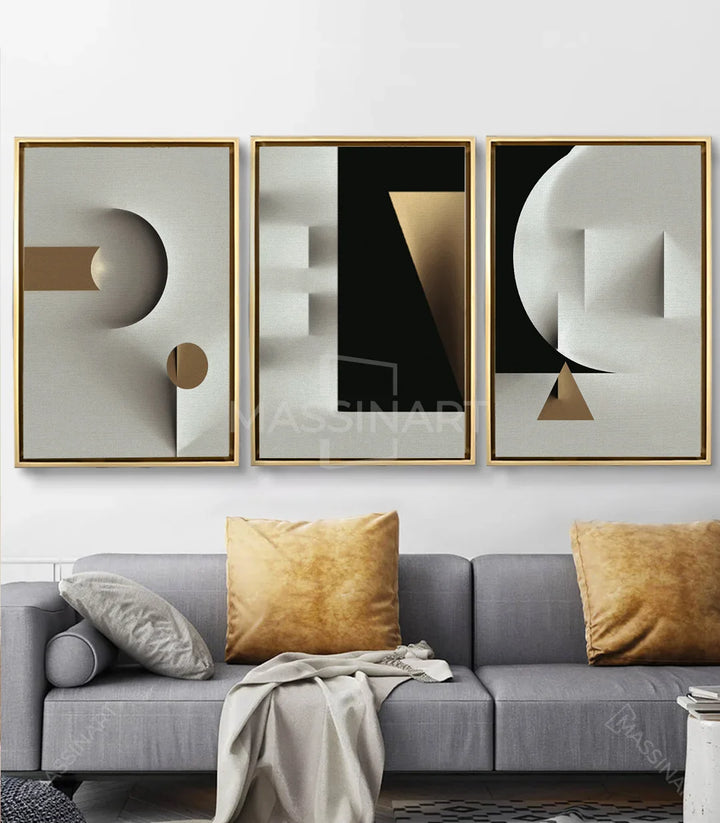 Tableau minimaliste triptyque — composition cube et trapèze noir doré Massinart