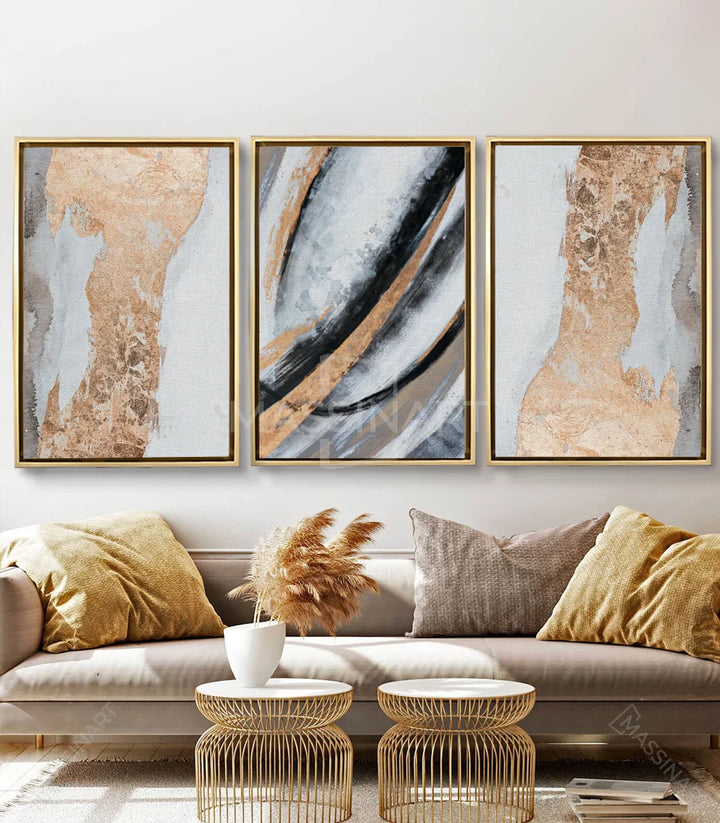 Tableau Aurous abstrait triptyque panneau central noir or Massinart