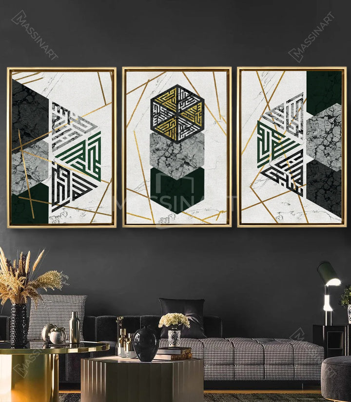 Mise en situation salon moderne — triptyque géométrique Alhamdulillah Massinart