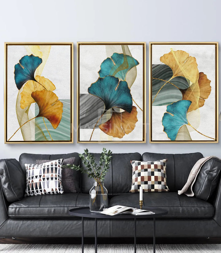 Tableau Ginkgo Leaves triptyque panneau central — composition botanique bleu turquoise et beige, Massinart