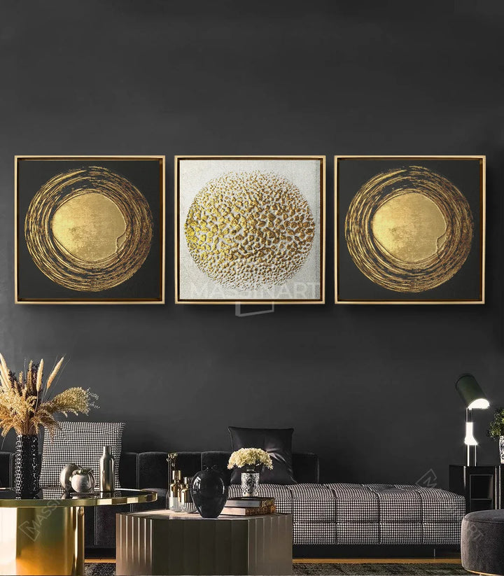 Tableau cercle pointilliste or et beige - variante triptyque Massinart