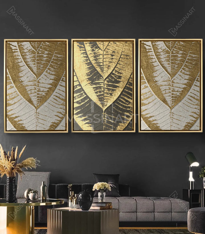 Tableau Golden Leaves triptyque — nature dorée et argentée détail feuille Massinart