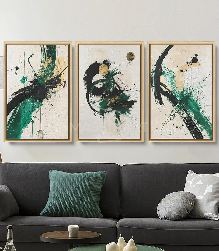 Détail central Tableau Thrive — splash aquarelle vert et noir expressionniste Massinart
