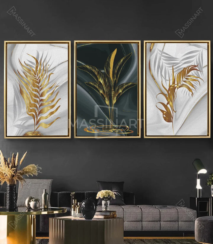 Tableau feuille bananier dorée fond noir — Massinart