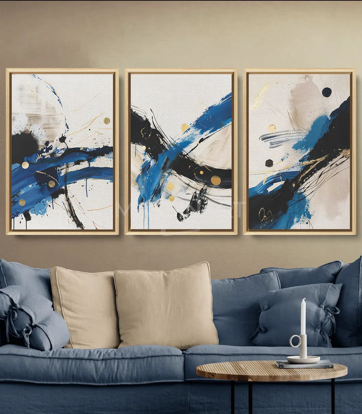 Tableau Cascade abstrait expressionniste bleu noir doré droit Massinart